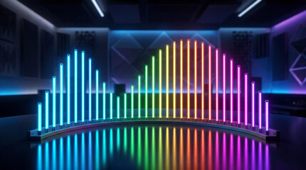 Fototapeta premium Glowing Neon Rhythm Audio Bars Arranged In Smooth Arc With Glossy Reflections Abstract Stock Background