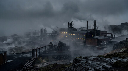 Fototapeta premium Moody Desaturated Cinematic Shot Of Industrial Geothermal Facility Cloaked In Heavy Dense Fog Environment Landscape