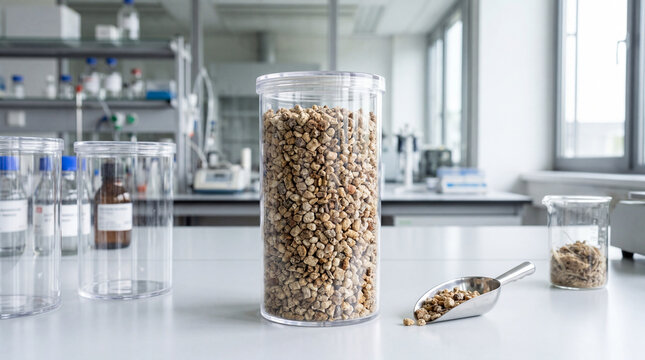 Aggregated Bio Plastic Granules Made From Recycled Organic Matter Filling Clear Container For Sustainable Manufacturing