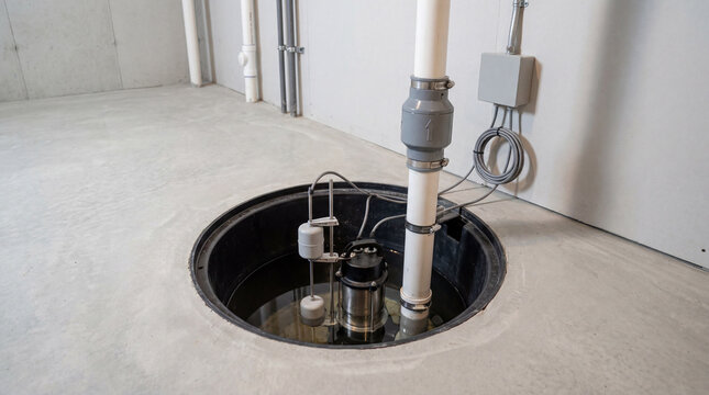 Sump Pump Pit Installation Inside Pristine Concrete Basement Showing Modern Drainage Home Waterproofing System Equipment