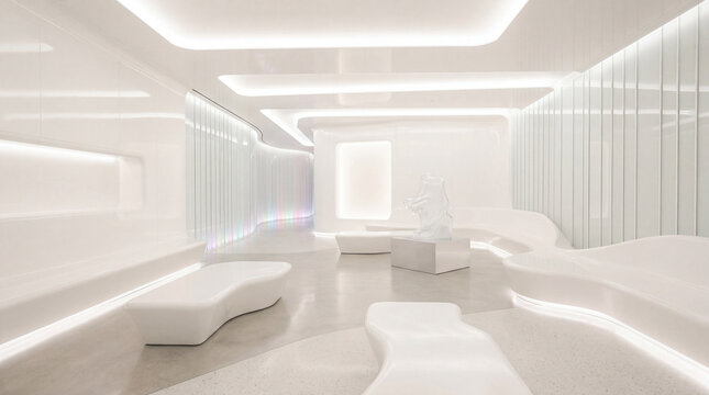Silent futuristic indoor environment showing overexposed white room interior architecture concept without human presence photo.