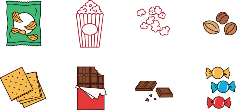 Colorful snack food icon collection with chips popcorn nuts crackers chocolate and candies for packaging design projects