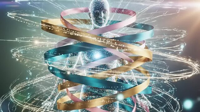 Abstract Digital Human Figure with Coiling Colorful Ribbons and Glowing Energy Particles