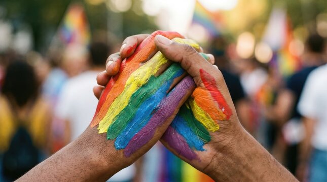 Diverse hands with rainbow colors painted for LGBTQ pride event