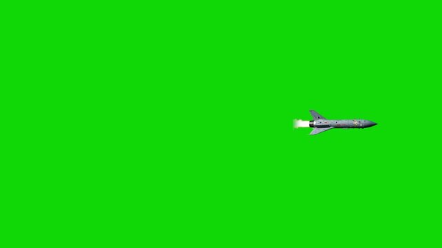 A metallic space rocket flies horizontally across a bright green chroma key screen, emitting a glowing white engine fire trail. This animated sci-fi asset is optimized for video editing, compositing, 