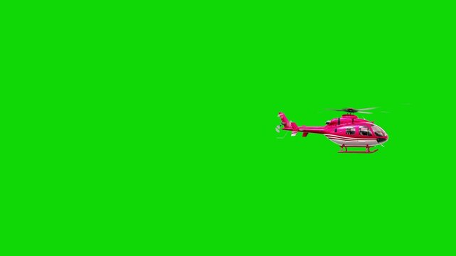 A vibrant pink cartoon helicopter flying forward horizontally from the right side into the frame. This colorful 3D aviation asset features spinning main and tail rotors, isolated on a bright green chr