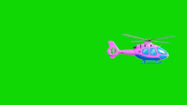 A vibrant pink cartoon helicopter flying forward horizontally from the right side into the frame. This colorful 3D aviation asset features spinning main and tail rotors, isolated on a bright green chr