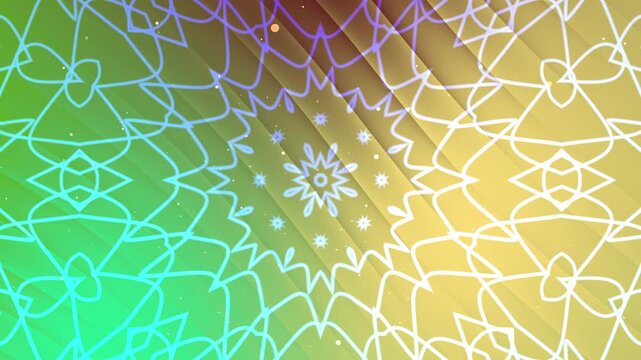 White mandala pattern with colorful gradient background, abstract geometric star shapes. Ideal for backgrounds, prints, and textiles.