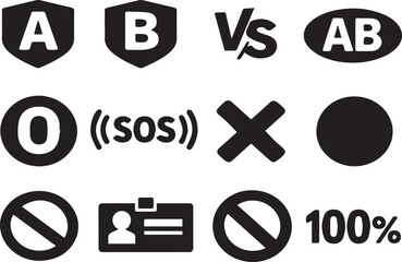Collection of Black and White Vector Icons and Symbols Featuring Blood Types A B AB O, SOS Emergency Signal, VS Versus Logo, ID Badge, Hundred Percent, and Prohibited Sign Graphics © raja