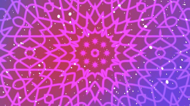 Neon pink mandala design on gradient background with symmetrical star sparkles. Suitable for backgrounds, prints, textiles, and decor.