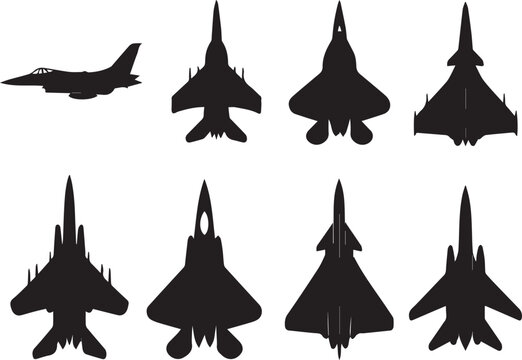 Collection of Modern Military Fighter Jet Silhouettes Vector Set Featuring Supersonic Warplanes, Stealth Aircraft, and Air Force Icons for Defense and Aviation Design Projects