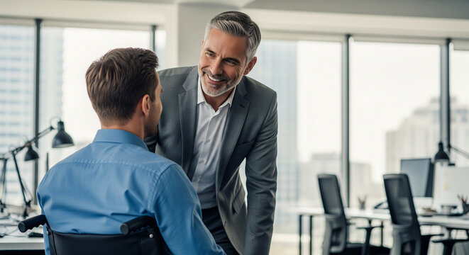 Happy male corporate colleagues talking and smiling together in a bright office, perfect for business partnership concepts