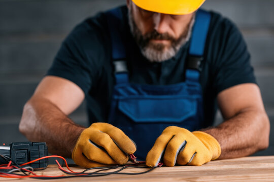 Electrician wiring repair labor worker tool glove helmet workshop us labor day wiring repair workshop with focused worker wearing helmet and glove