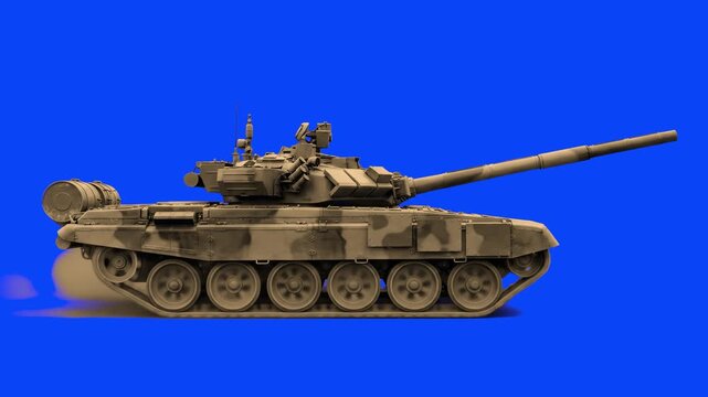 A detailed 3D model of a T-90 main battle tank with distinctive explosive reactive armor blocks and desert camouflage, shown from the side. Perfect for combat recreation videos, defense analytics, or 