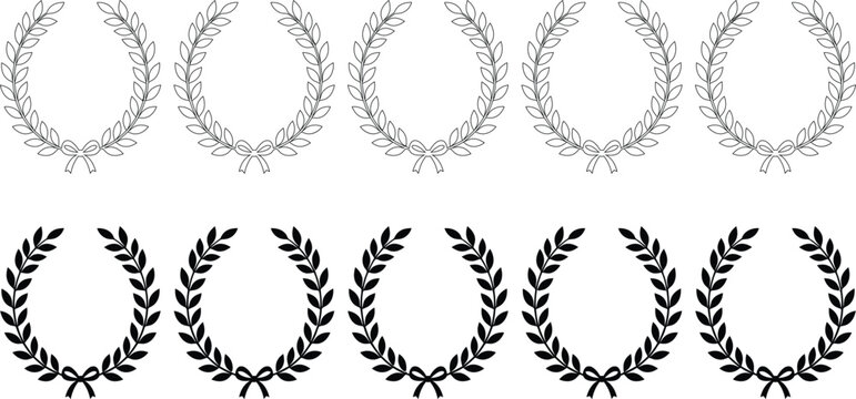 Laurel wreath clip art and laurel wreath vector graphics,Set black silhouette circular laurel foliate, wheat and oak wreaths depicting an award, achievement, heraldry, nobility on white background. Em