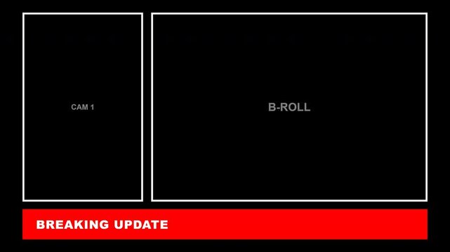 Graphic split screen news template with a red breaking update lower third banner for broadcast information and live video feeds