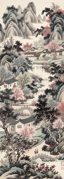 Detailed vertical Chinese landscape ink wash imposing mountains background cascading river foreground midground abundant trees dark green pink red leaves houses tiled roofs covered bridge paths two fi