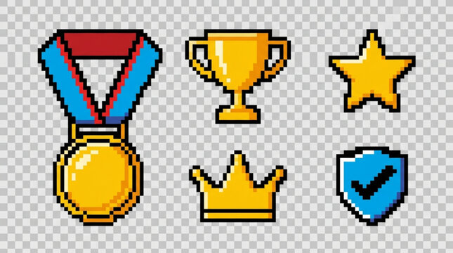 Pixel Art Icons Representing Achievement and Victory.