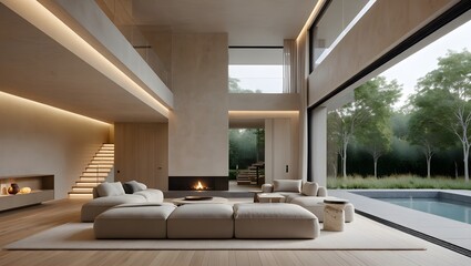Fototapeta premium Ultra Minimalist Luxury Double-Height Living Room With Warm LED Cove Lighting, Mezzanine Glass Balustrade, Illuminated Floating Staircase And Oversized Cloud Sofa (AI-Generated)