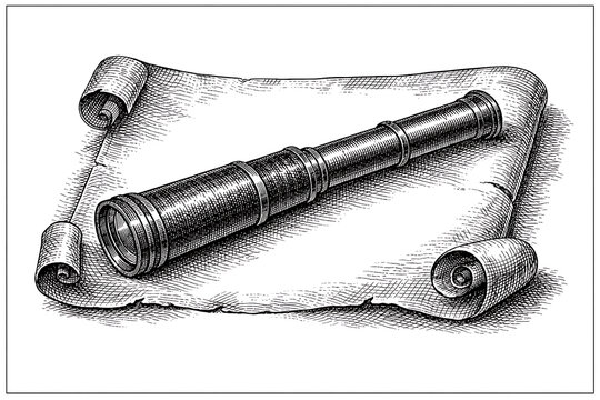Copperplate engraving of an antique brass spyglass resting on a rolled parchment scroll