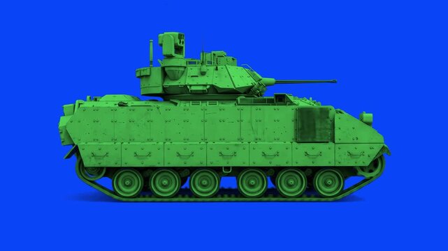 A 3D realistic model of an M2 Bradley infantry fighting vehicle (IFV) painted in solid green, shown from the side view. This military armored vehicle asset is ideal for documentaries, war simulations,
