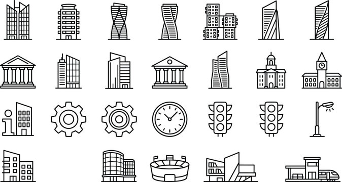 City Infrastructure and Modern Building Line Icon Set Featuring Skyscraper Towers Government Offices Traffic Lights Stadiums and Urban Planning Elements for Architectural Website DesignsCity Infrastru