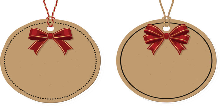Round Christmas Gift Tag Templates Featuring Rustic Kraft Paper Labels with Decorative Red Ribbon Bows for Festive Packaging and Holiday Branding