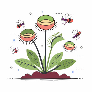 Venus Flytrap Plant with Insects Illustration