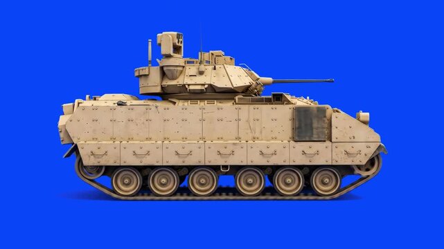 A side profile view of a desert camouflage main infantry fighting vehicle tracking forward. This highly detailed 3D military combat vehicle asset featuring a heavy turret and gun barrel is isolated on