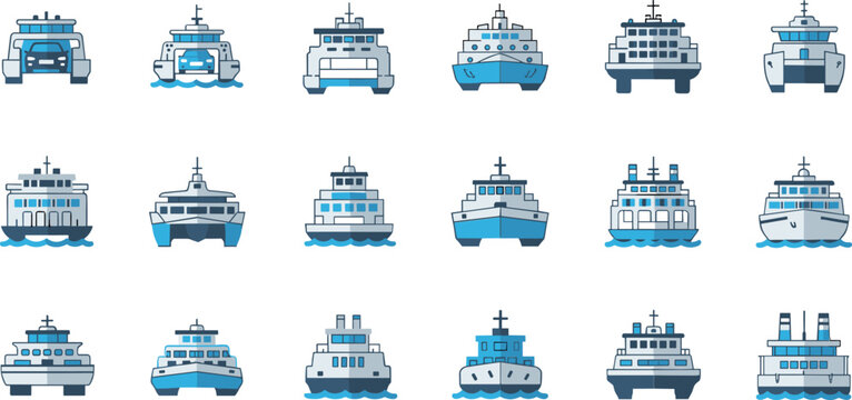 Ferry boat front view icon collection with passenger vessels for marine transport and nautical travel design projects