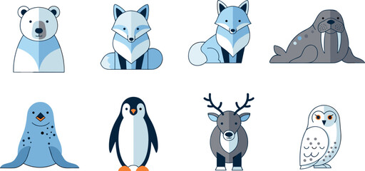 Flat arctic animal icon set featuring polar bear fox walrus penguin seal deer and owl in cute cartoon style design © MDNUR