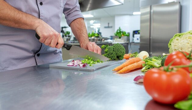 Hygienic Modern Kitchen Preparation with Fresh Vegetables on Stainless Steel Surface