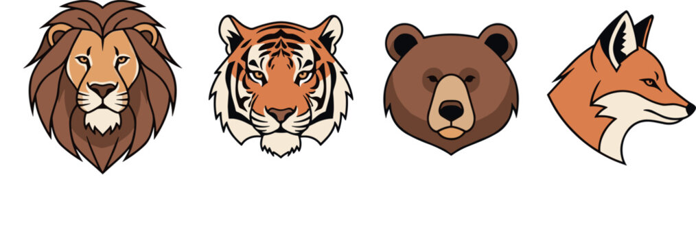 Flat animal head icon set featuring lion tiger bear and fox in clean vector style for logo and mascot design