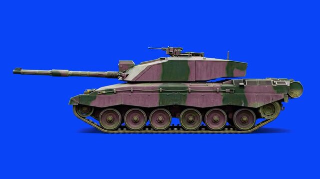 A side view profile of a modern armored combat tank featuring an unusual pink and green camouflage pattern on a solid blue screen. This unique 3D model asset is perfect for stylistic video games, crea