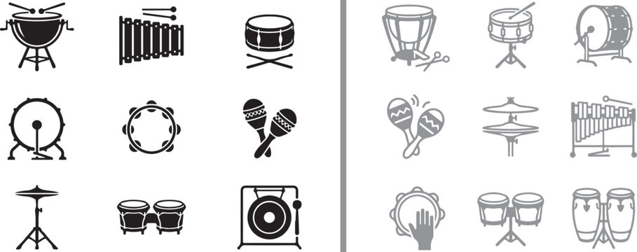 Percussion instrument vector icon set featuring drums, cymbals, maracas, tambourine, xylophone, and gong for music design projects