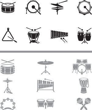 Percussion instrument vector icon set featuring drums cymbals tambourine xylophone and maracas silhouettes