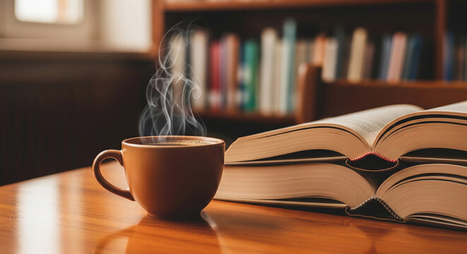 Steaming cup of coffee resting next to open book perfect for cozy reading lifestyle and relaxing educational study sessions
