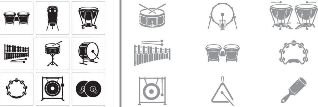 Percussion instruments vector icon set featuring drums xylophone tambourine gong and cymbals for music design