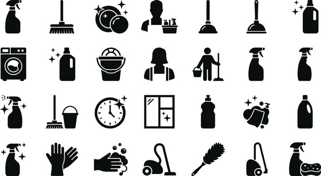 Cleaning Service and Housekeeping Solid Icon Set Featuring Spray Bottles Vacuum Cleaners Mops Buckets Washing Machines and Janitor Characters for Home Sanitization LayoutsCleaning Service and Housekee
