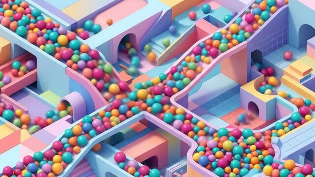 A vibrant 3D abstract motion graphic showing thousands of colorful small spheres and marbles rolling down channels, tracks, and slides within a complex pastel geometric maze structure. This loopable a