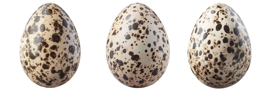 Set of Three Speckled Quail Eggs Isolated on White Background - Natural Protein and Breakfast Food Collection
