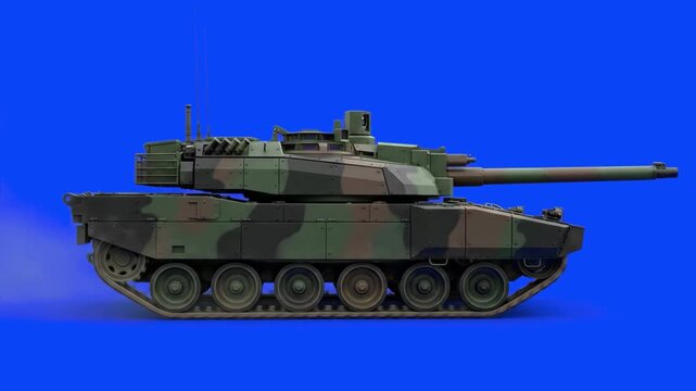 A camouflage Leopard 2 main battle tank moves steadily across the frame from right to left, shown from a direct side profile view. The detailed 3D animated armored vehicle is set against a solid blue 