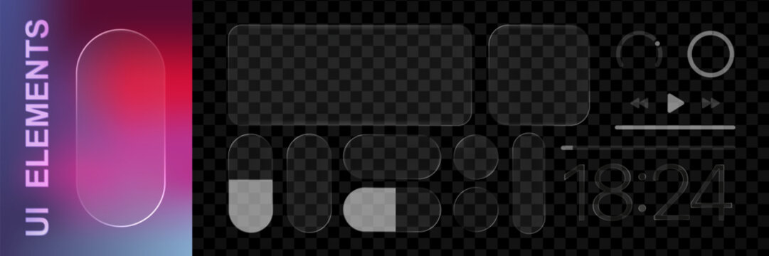 Realistic glassmorphism style basic IU mockup elements isolated on transparent bakground. Blur grass style template design. Vector illustration