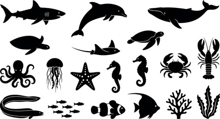 Obraz premium Set of Sea Animals and Marine Life Black Line Art Vector Illustration