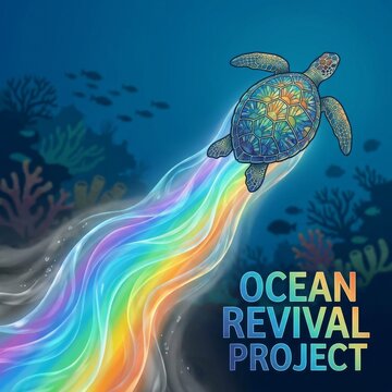 World turtle day: ocean revival project - sea turtle swimming with glowing rainbow trail underwater