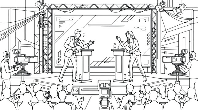 Political debate coloring page, line art illustration of male and female candidates at lecterns in television studio with audience and cameras
