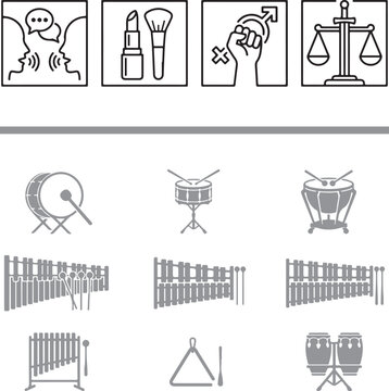 Vector icon set with communication cosmetics gender equality and justice symbols alongside percussion instruments like drums and xylophone