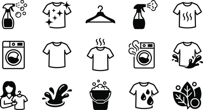 Laundry and Garment Care Icon Set Featuring Washing Machines Spray Bottles Clothes Hangers T-Shirts Bubbles and Cleaning Service Symbols for Household Website DesignsLaundry and Garment Care Icon Set 