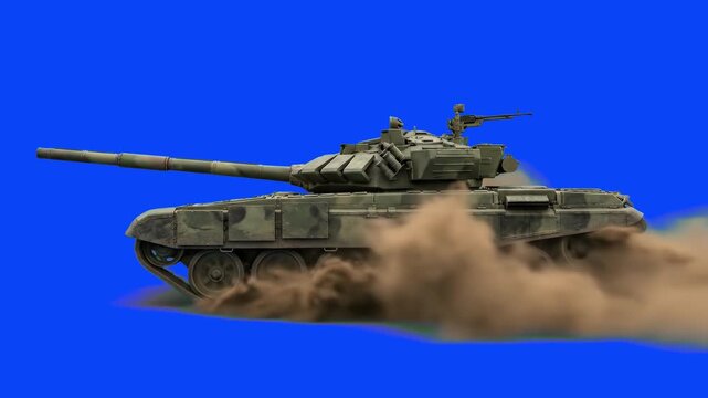 A heavy T-90 battle tank in military camouflage charges forward, kicking up a massive cloud of dust and dirt. This realistic 3D animated Russian armored vehicle is isolated on a chroma key blue screen