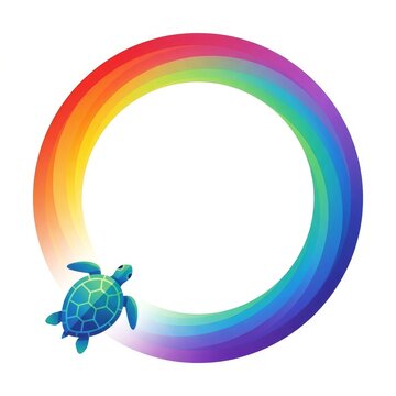 World turtle day: blue sea turtle with a circular rainbow frame on white background, transparent